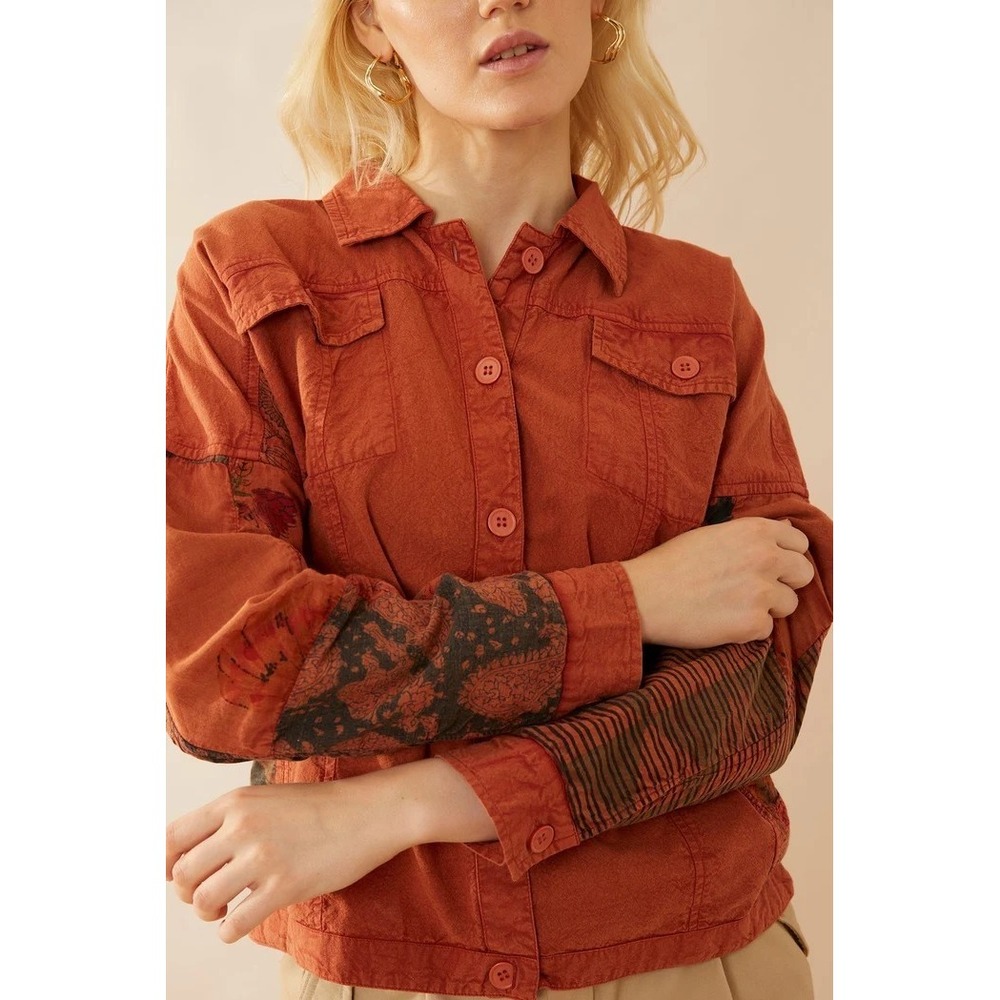 Bohera Rust Orange Patchwork Utility Jacket Women Medium Floral Boho Cotton NWT